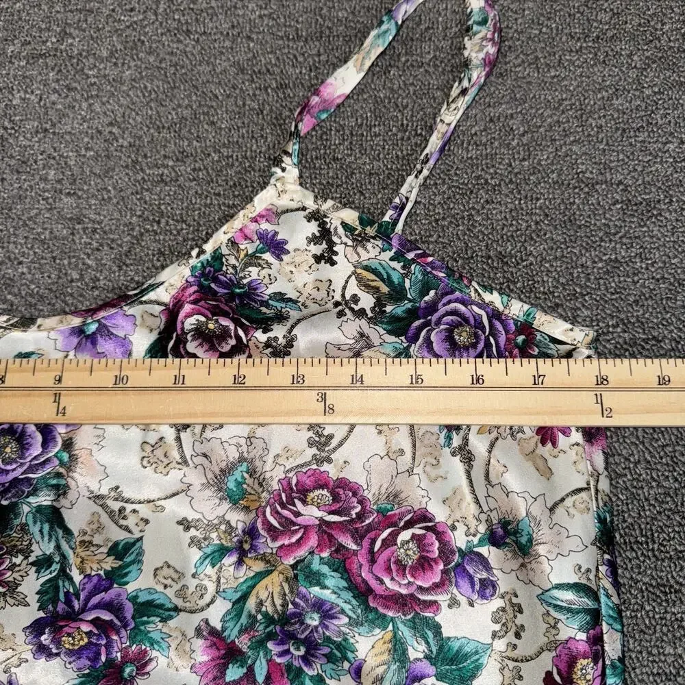 Vintage 90s Adonna Slip Dress Women's Medium Floral Beige Purple Satin Sleepwear - Picture 7 of 10